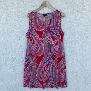 MSK Red Paisley Print Sleeveless Mini Dress Tunic Womens Size L Gold Ring Detail